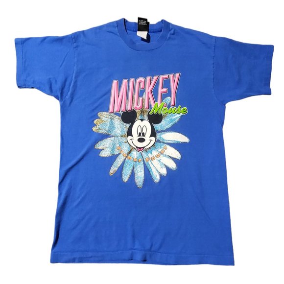 Vintage Disney Mickey Mouse Flower Power Short Sleeves Blue‎ T-shirt Sz Large - Picture 1 of 10